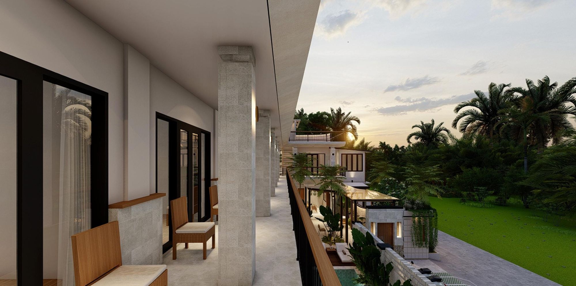 First-floor balcony walkway at sunset with a view over the garden