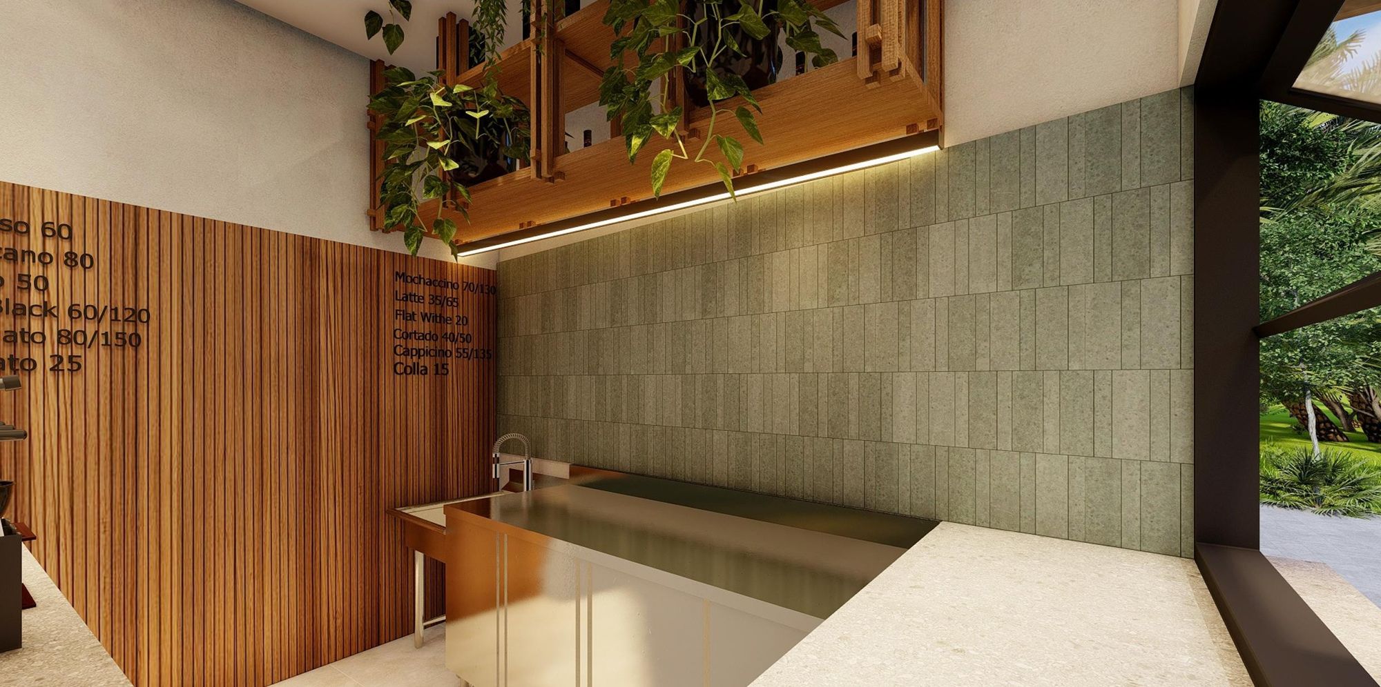 Café counter with timber slats and stone tiles