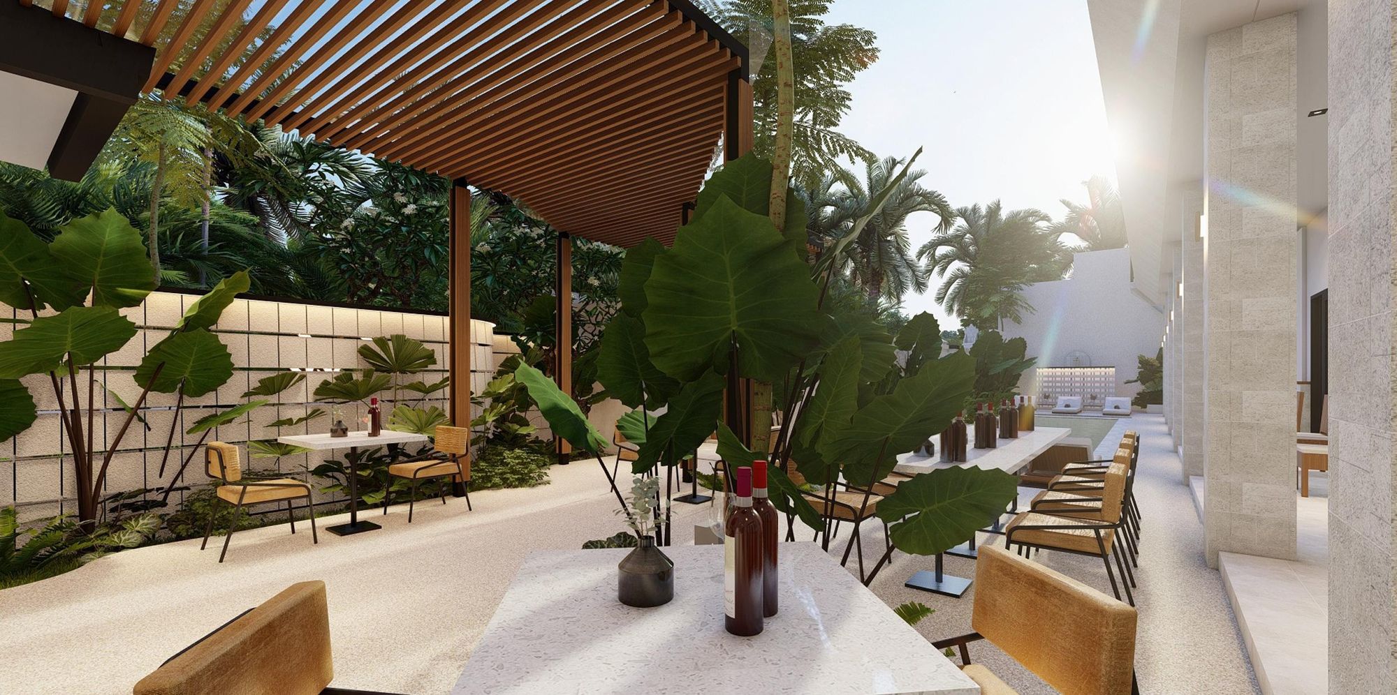 Outdoor co-working tables under a timber pergola