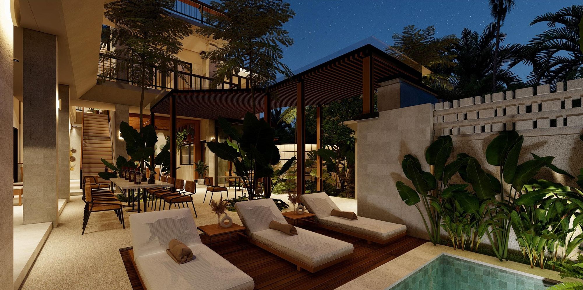 Pool deck and pergola lit at night