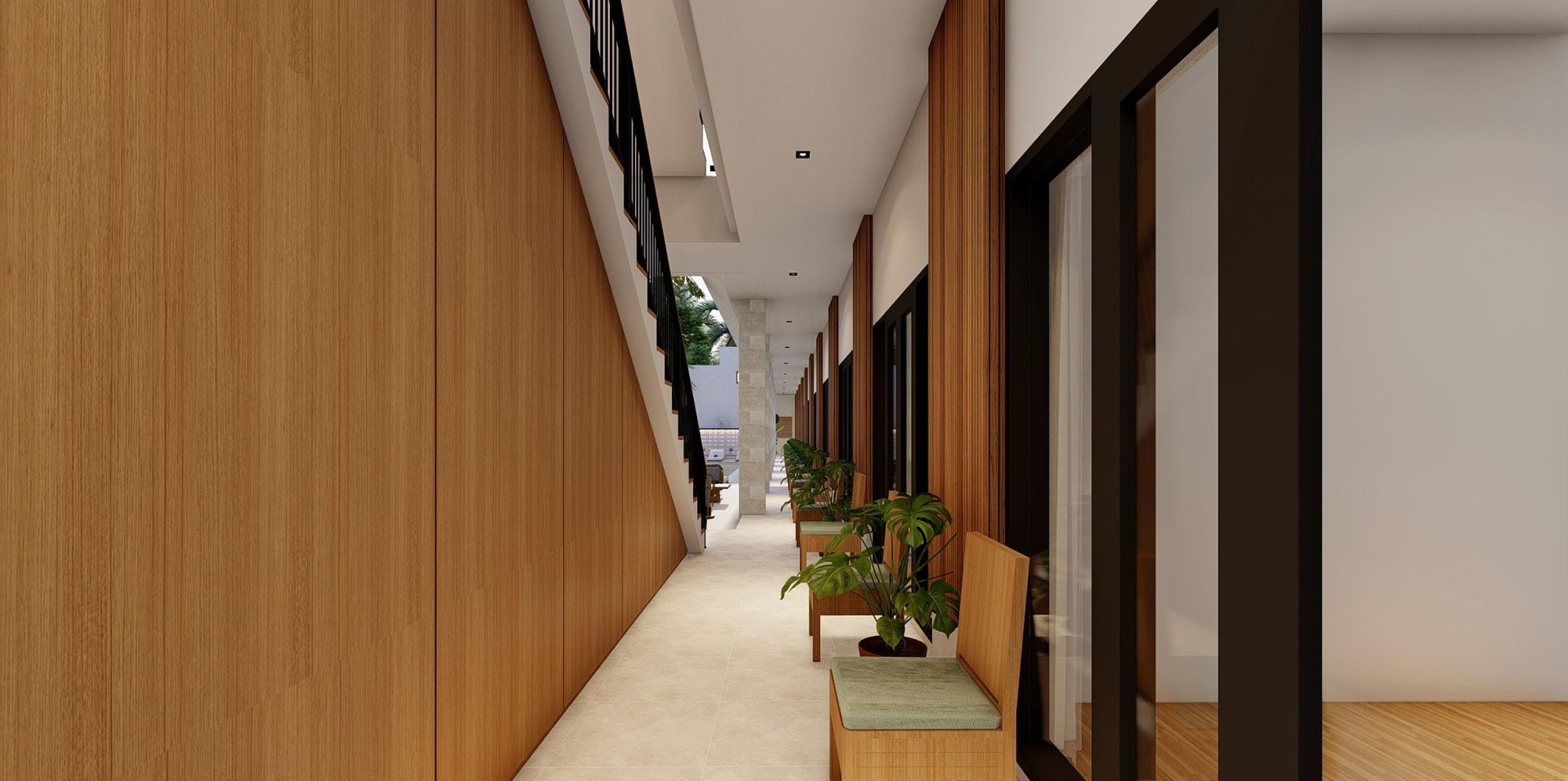 Timber-clad ground floor corridor