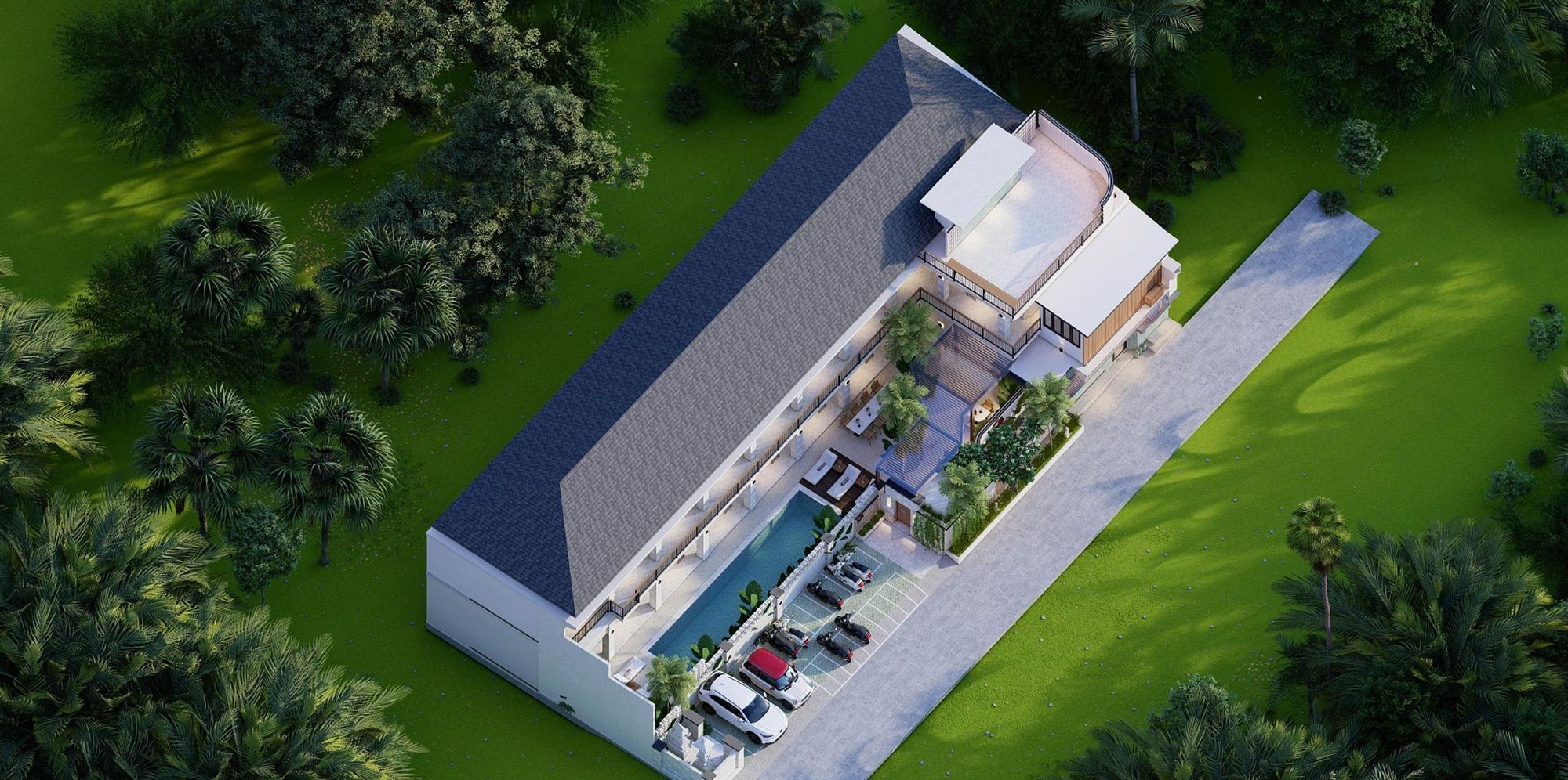 Aerial view of the property among palm trees