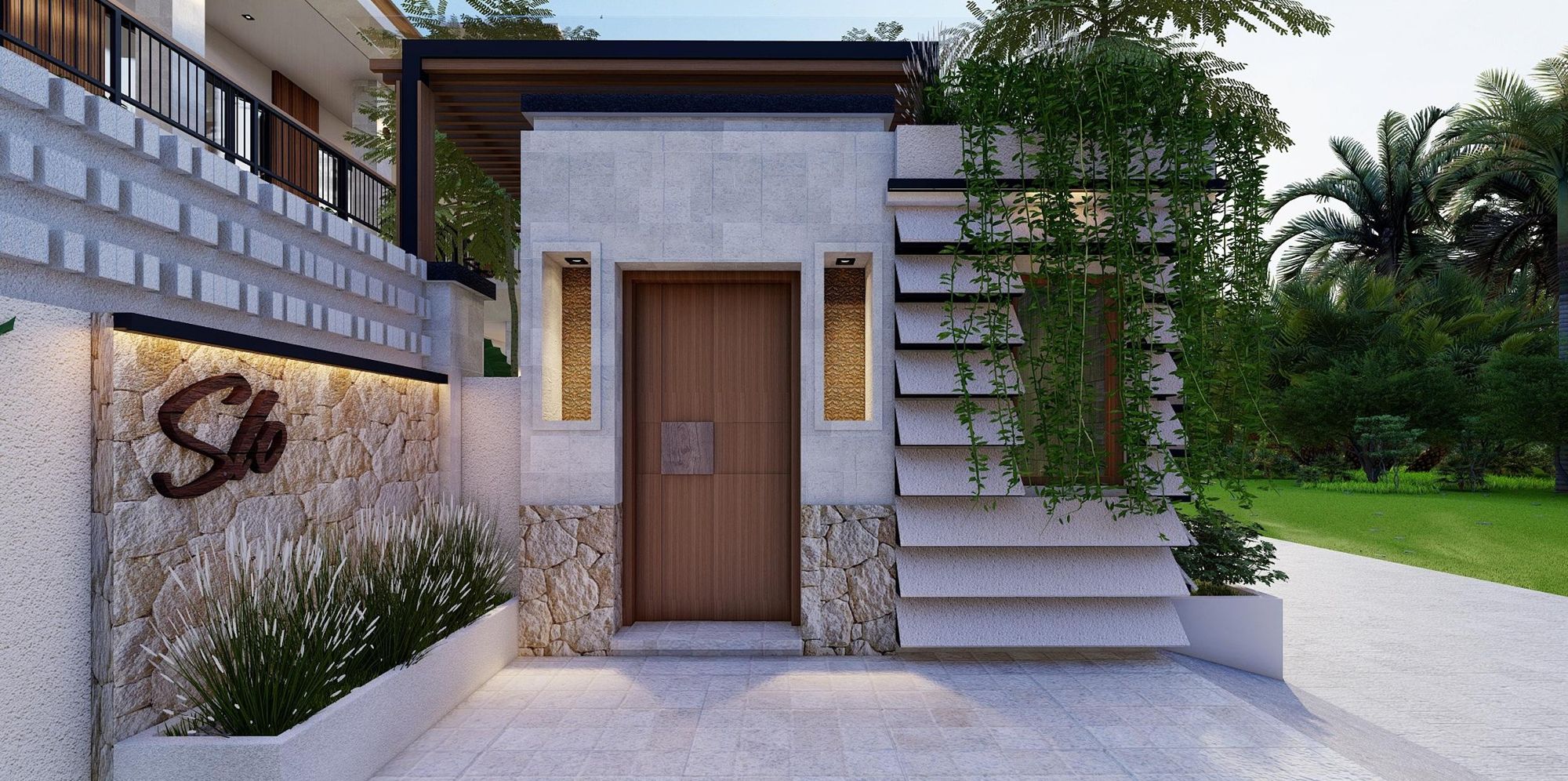 Timber front door with the Slo sign on stone cladding