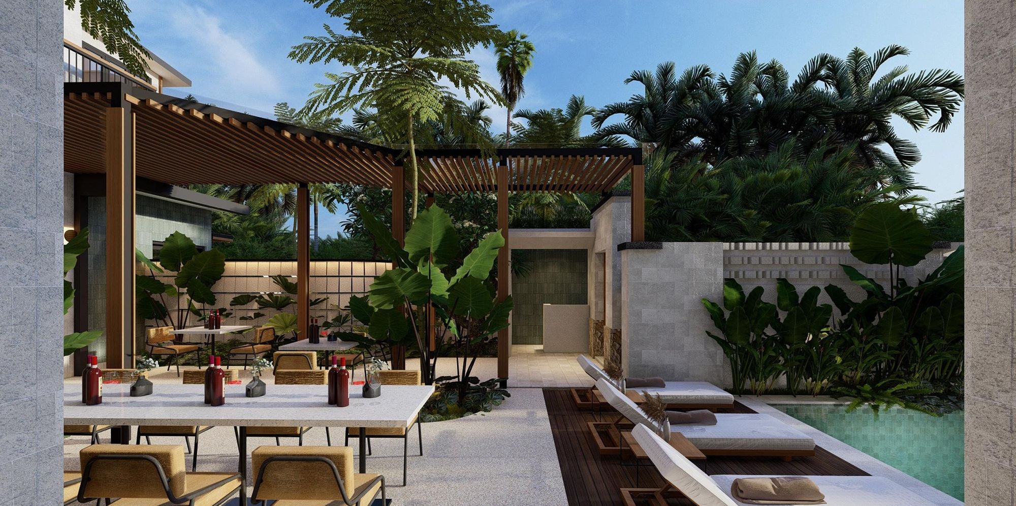 Garden pathway leading to the pool and co-working pergola
