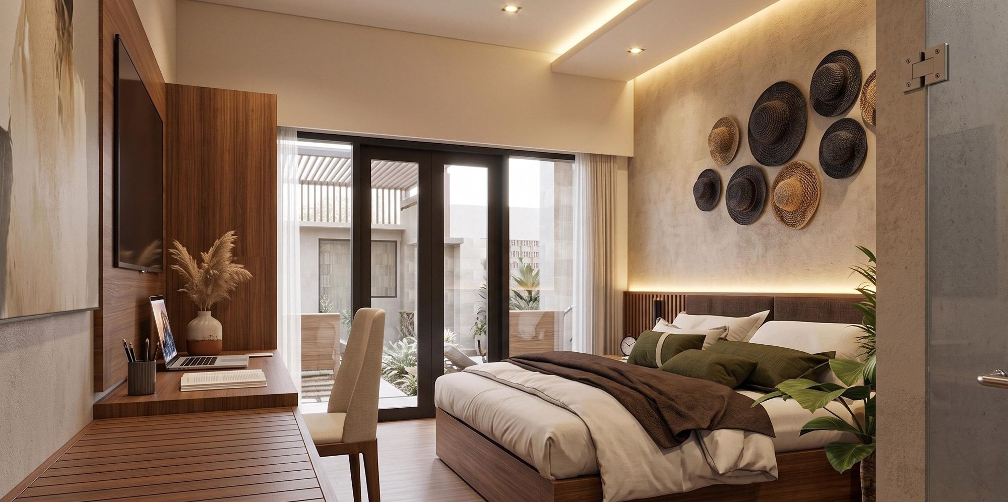 Queen suite with pantry: queen bed, woven wall hats and a glass door to the balcony