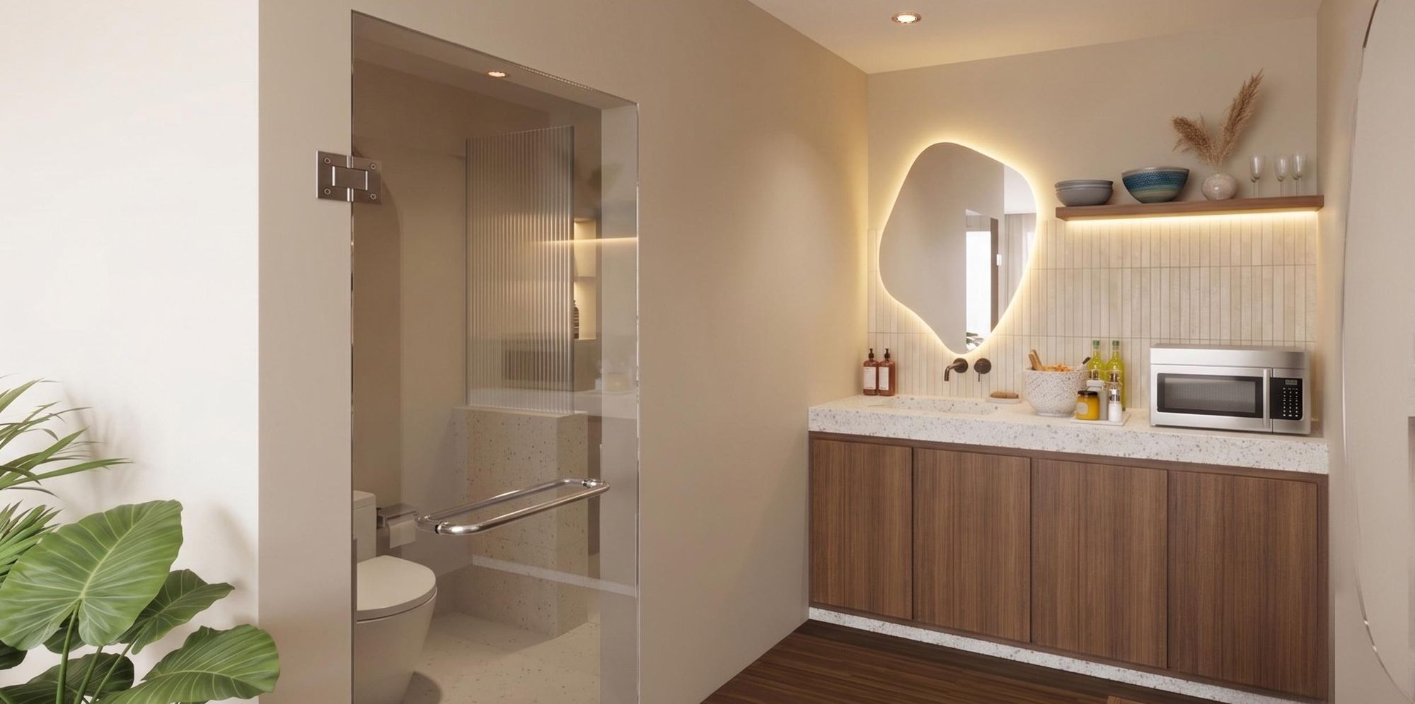 In-room pantry with microwave, sink and mirror
