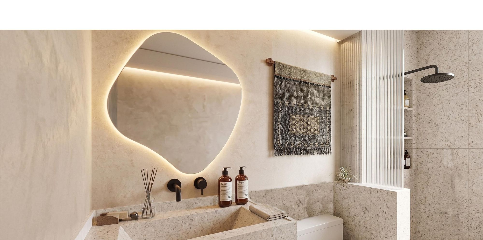 Ensuite bathroom with stone basin, organic mirror and rain shower