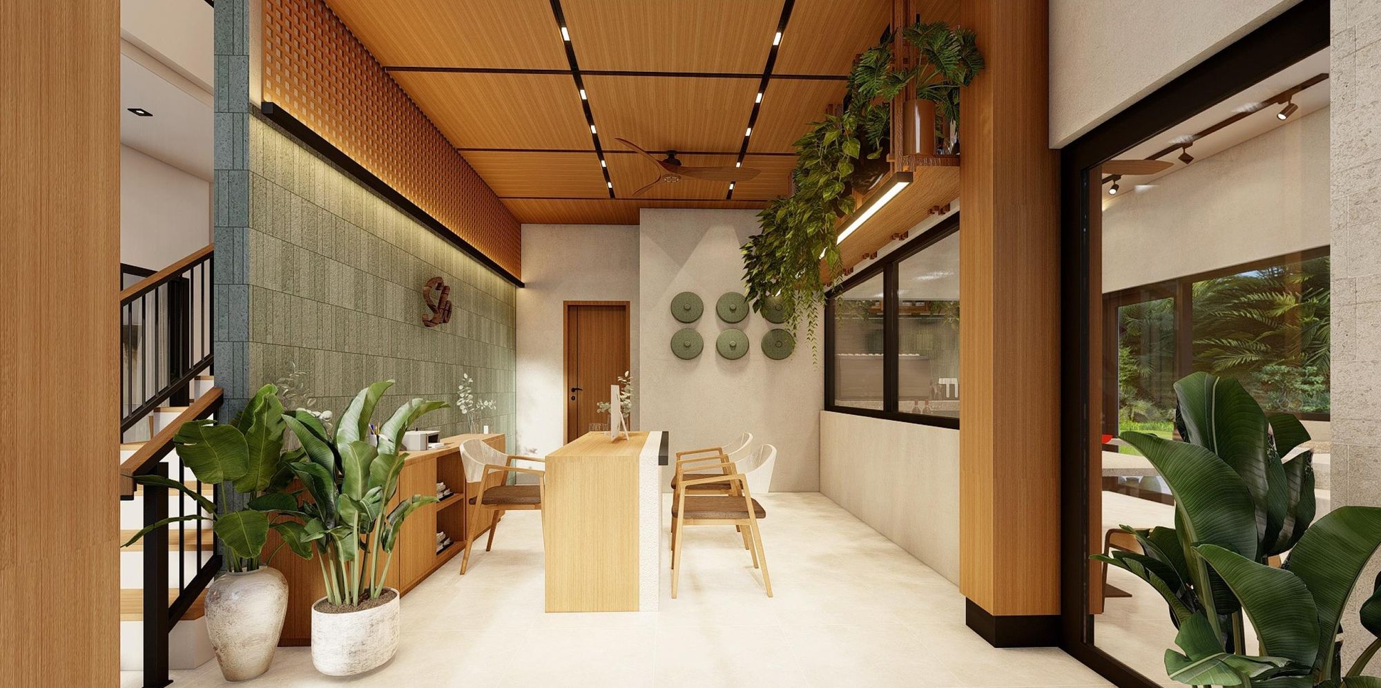 Reception desk in timber with plants and a tiled feature wall