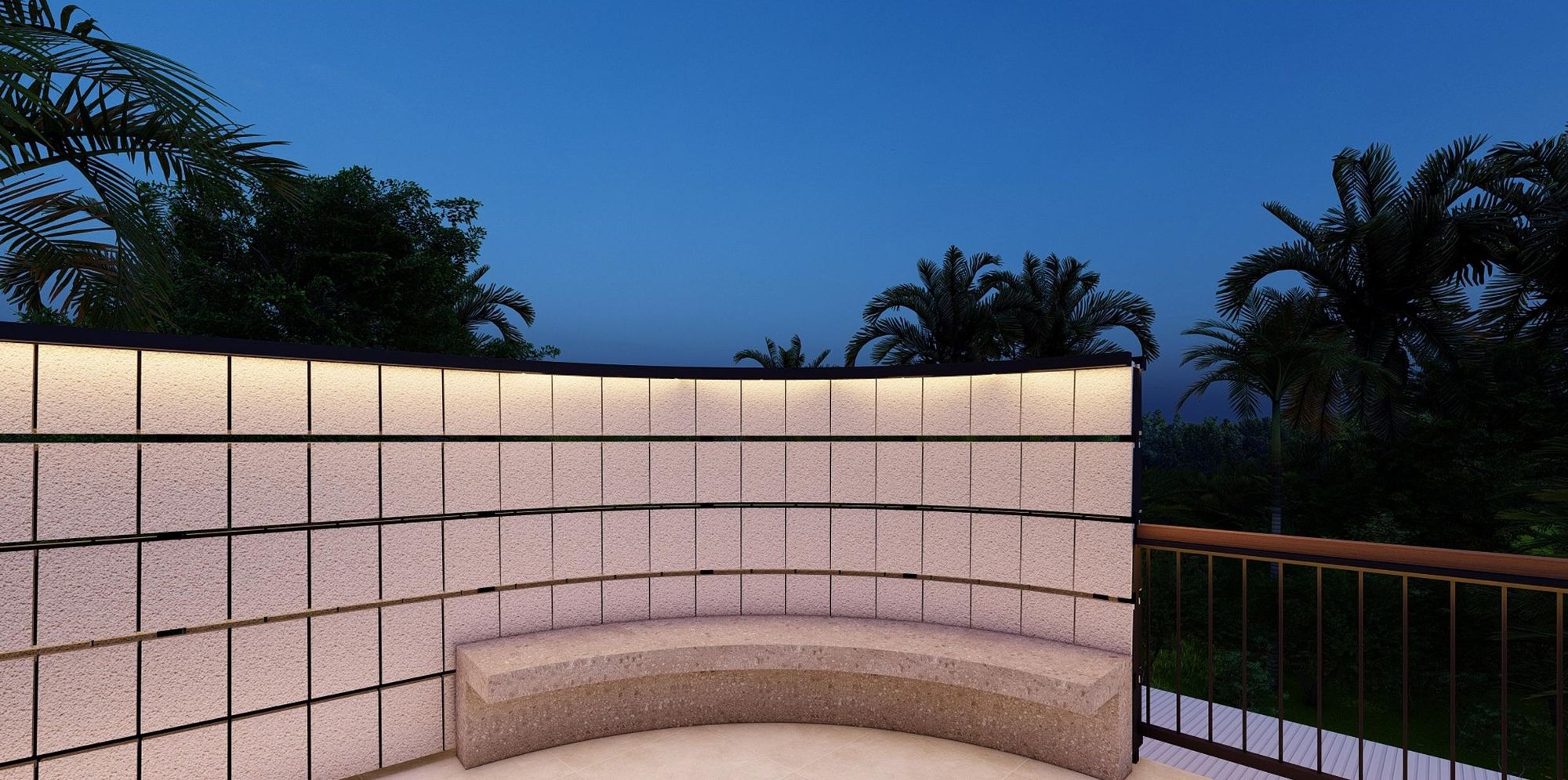 Open rooftop with a curved bench lit at dusk