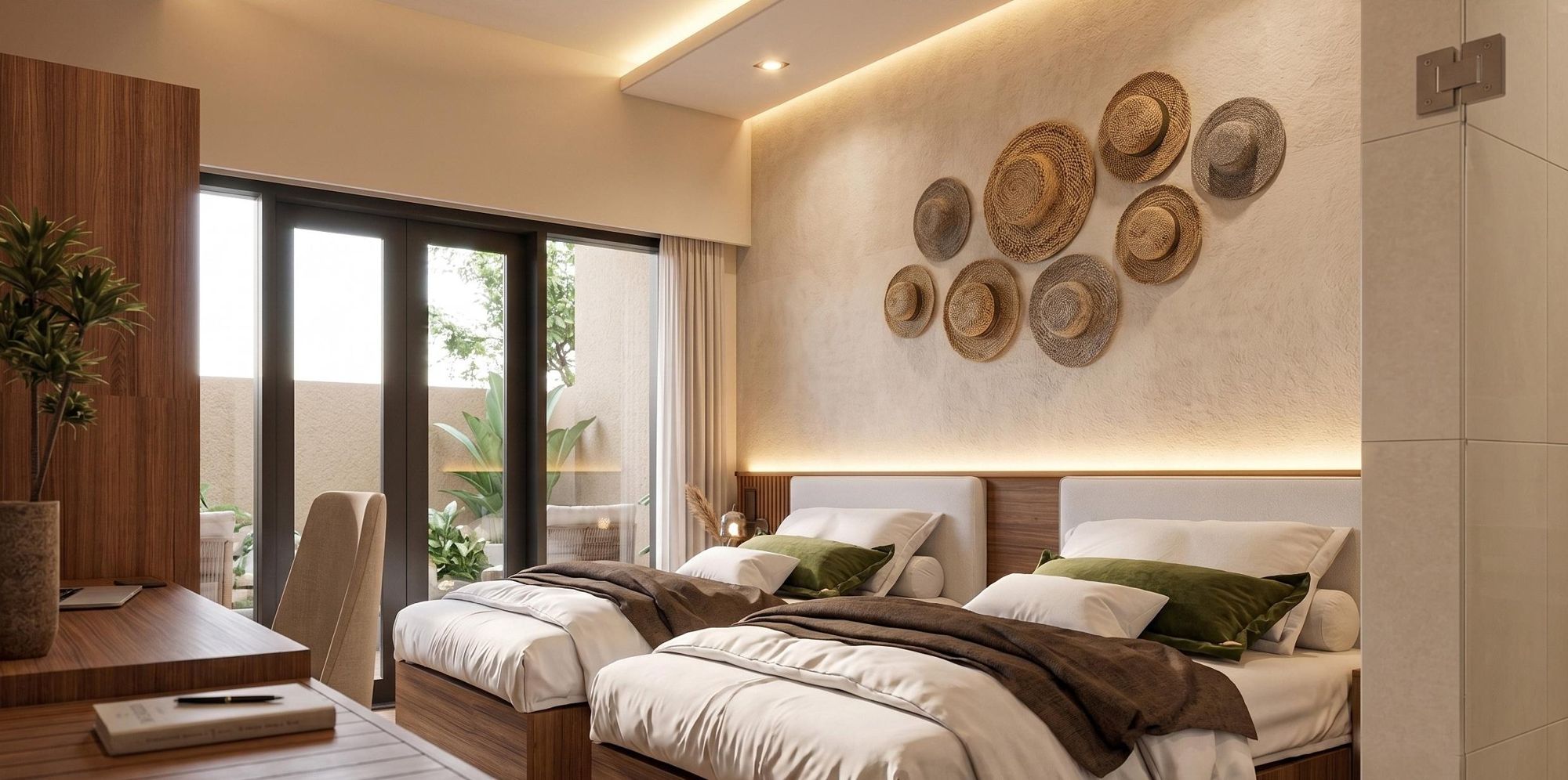 Twin suite with pantry: two single beds beside a glass door to the balcony