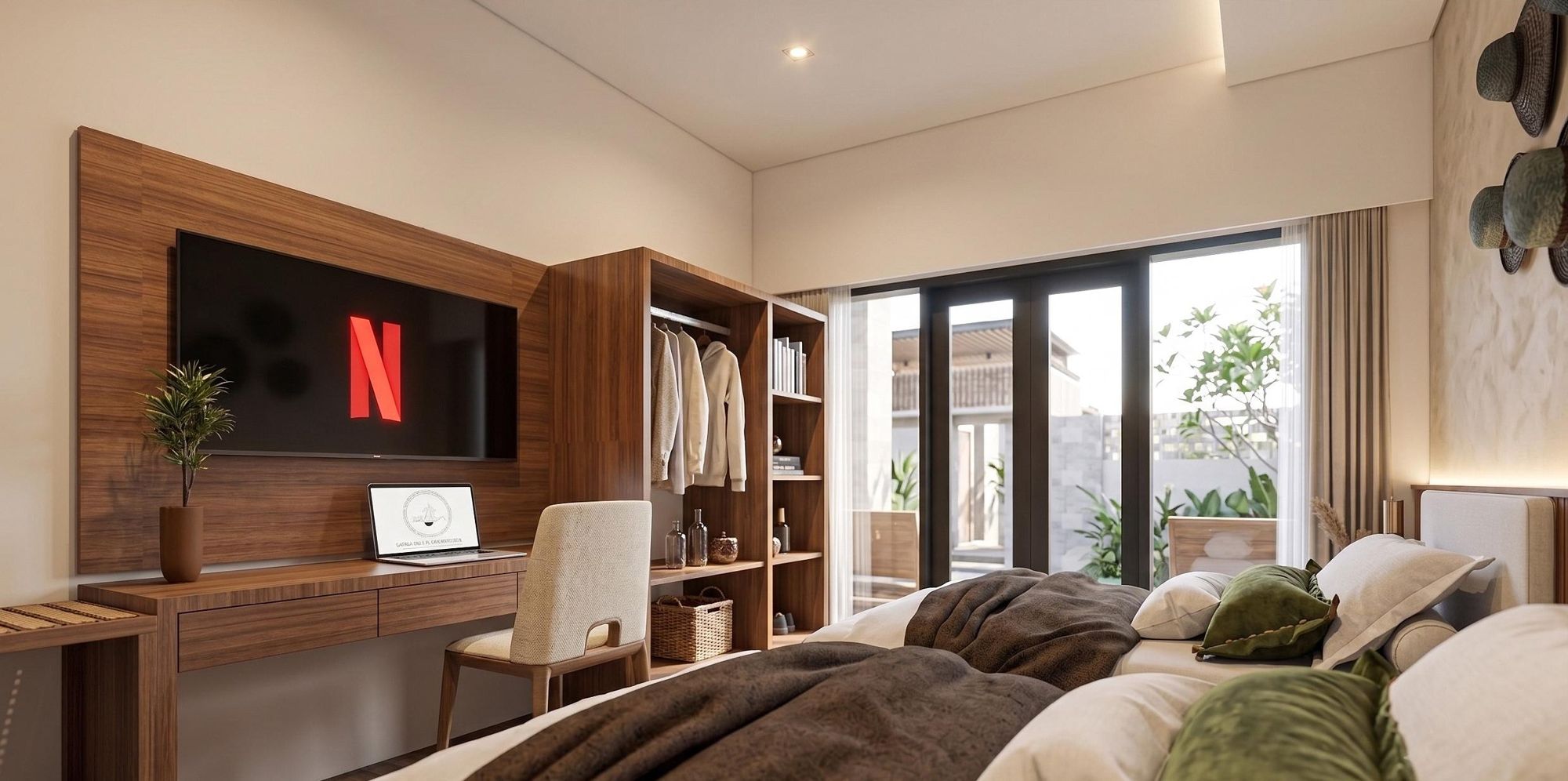 Working table with smart TV and open wardrobe in a twin suite